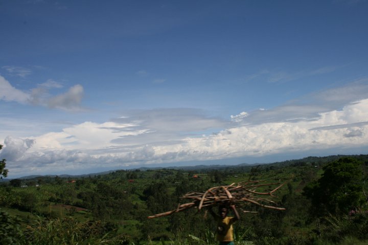 Onderweg, uitzicht met een houtdrager op de voorgrond.